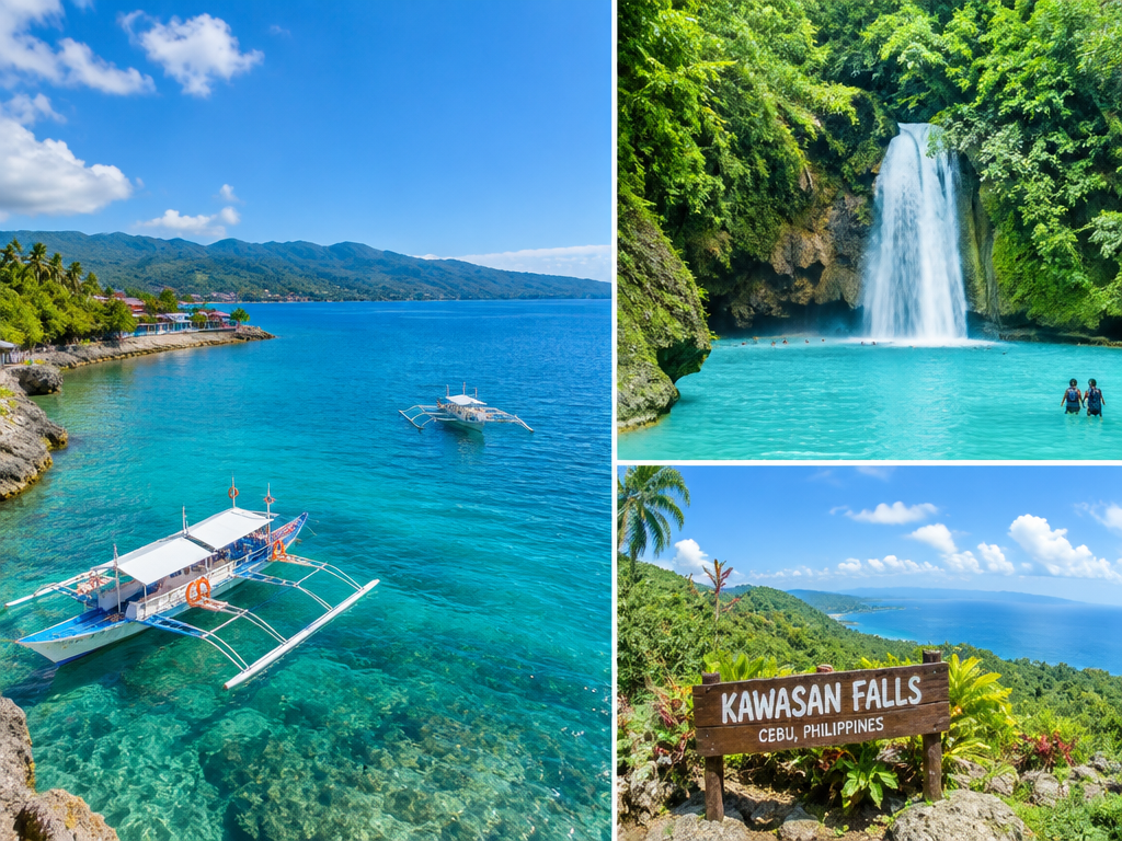 Turquoise water and outrigger boats on the Cebu coastline, Philippines