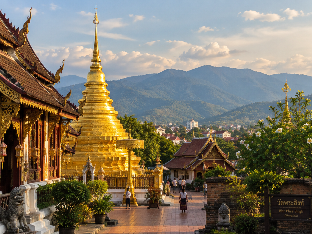 Golden temple chedi in Chiang Mai old town with mountains behind, Thailand