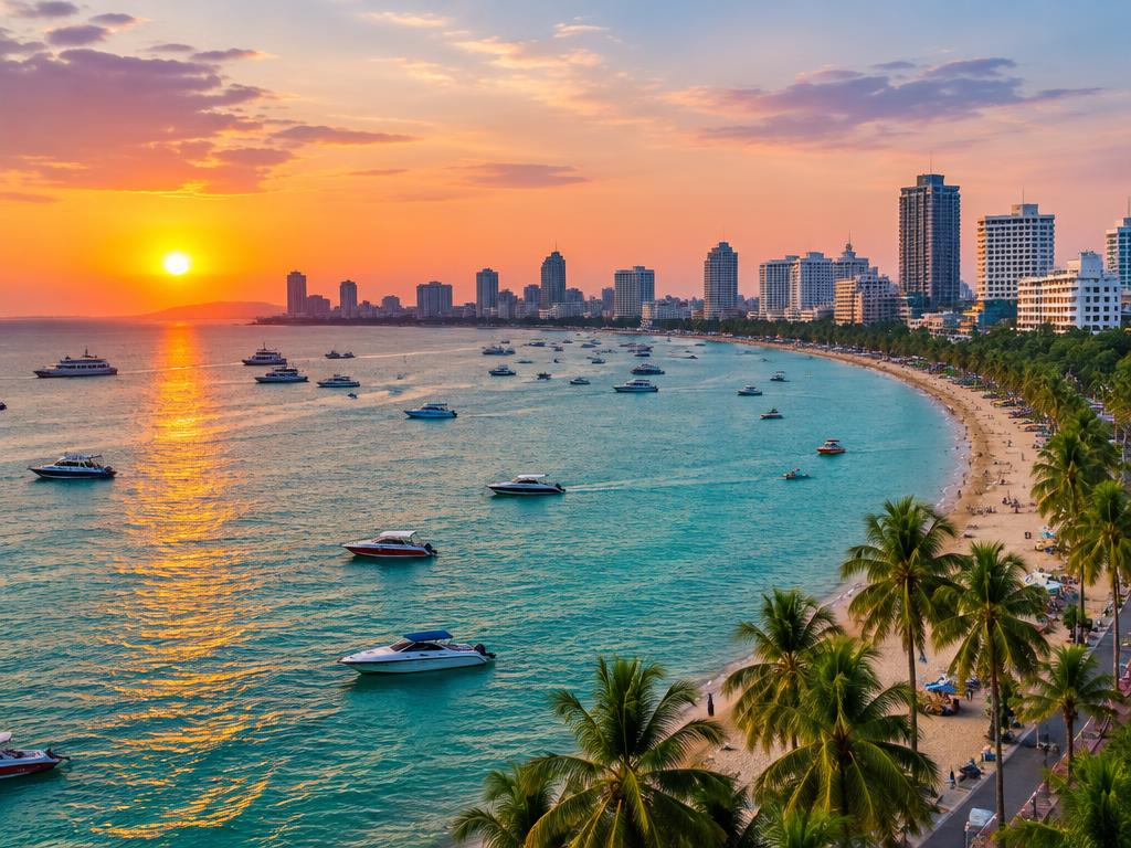 Pattaya bay at sunset with boats, the curving beach and the city skyline, Thailand
