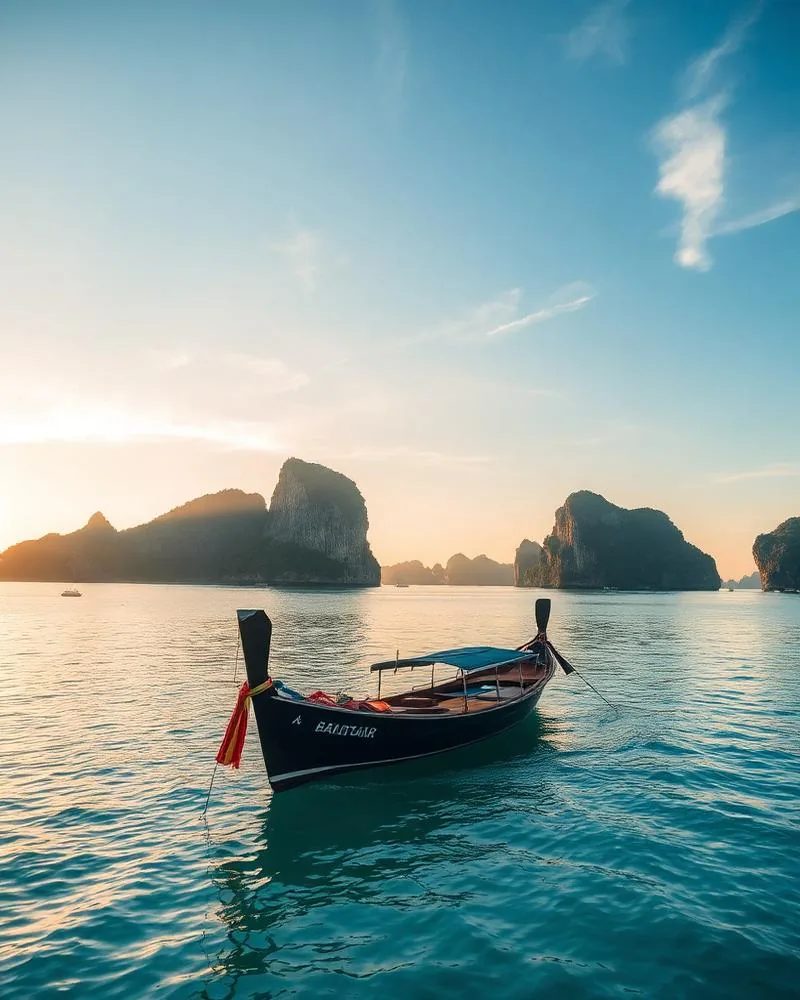 Tropical beach and longtail boats in Phuket, Thailand