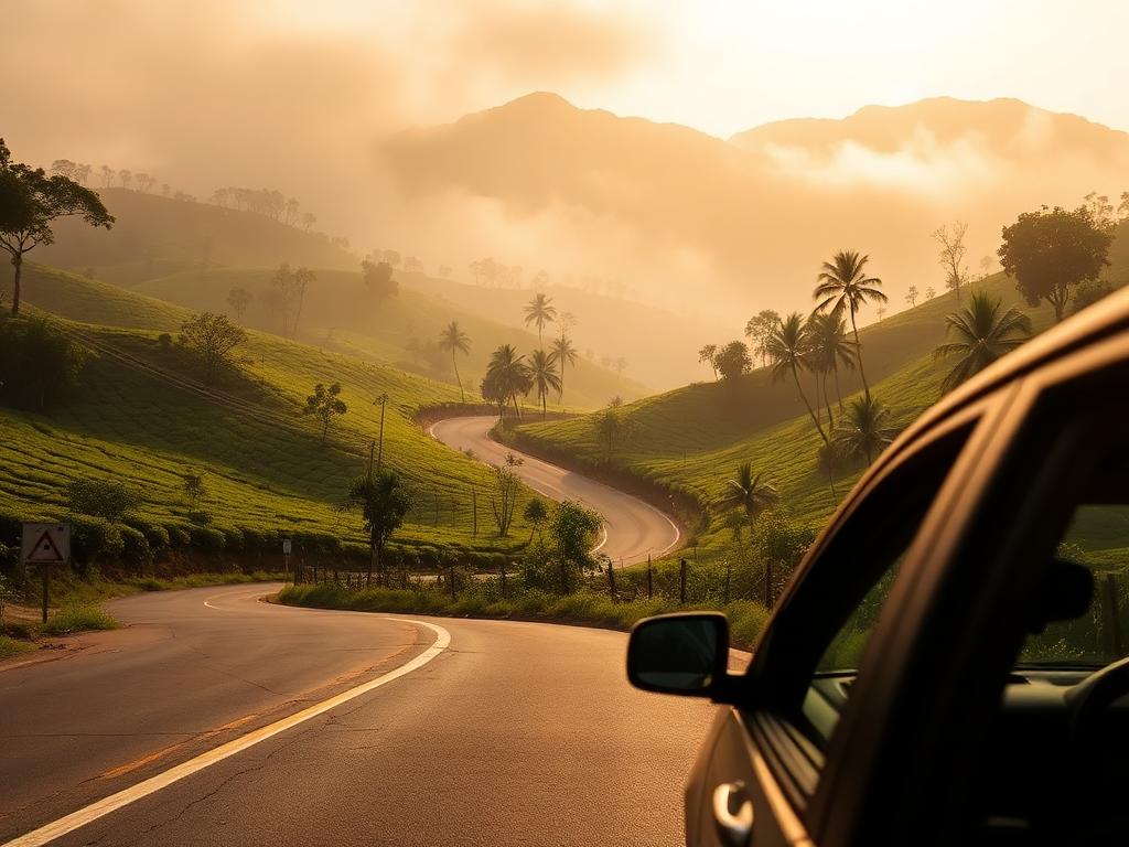 A car on a winding road through Sri Lanka's tea country hills